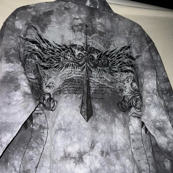 Y2K Grunge Button Up Shirt Eighty Eight Cross Graphic Wings Gray Size XL - Picture 6 of 8